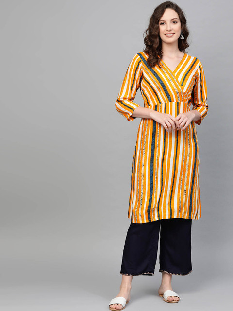 

Jompers Women Yellow & Navy Blue Striped Kurta with Palazzos