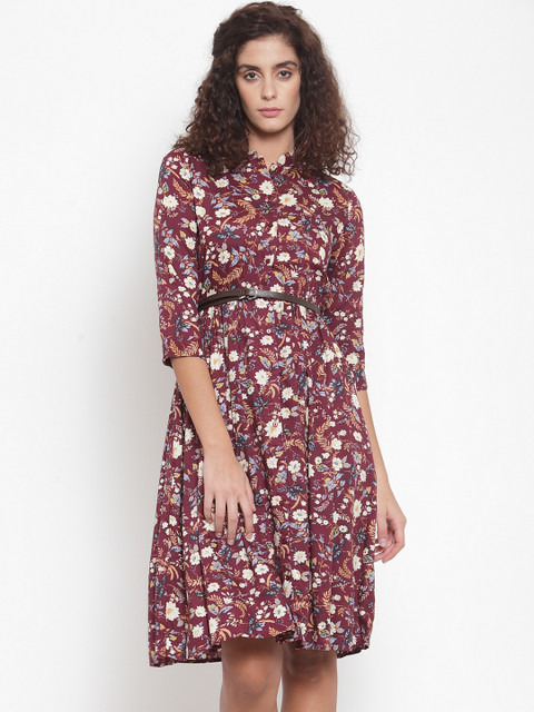 

Purplicious Women Burgundy & White Printed Fit and Flare Dress