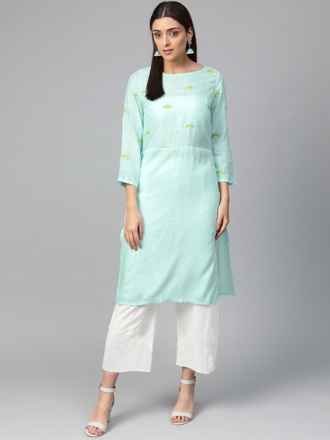 

Jompers Women Turquoise Blue Embroidered Kurta with Palazzos