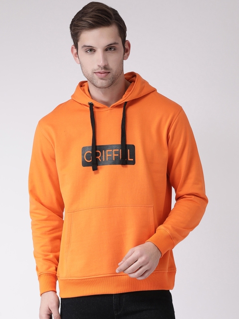 

GRIFFEL Men Orange Printed Hooded Sweatshirt