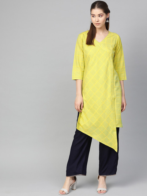 

Jompers Women Lime Green & Navy Blue Self Design Kurta with Palazzos