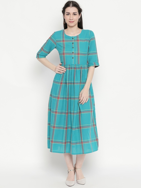 

AKKRITI BY PANTALOONS Women Teal Checked Fit and Flare Dress