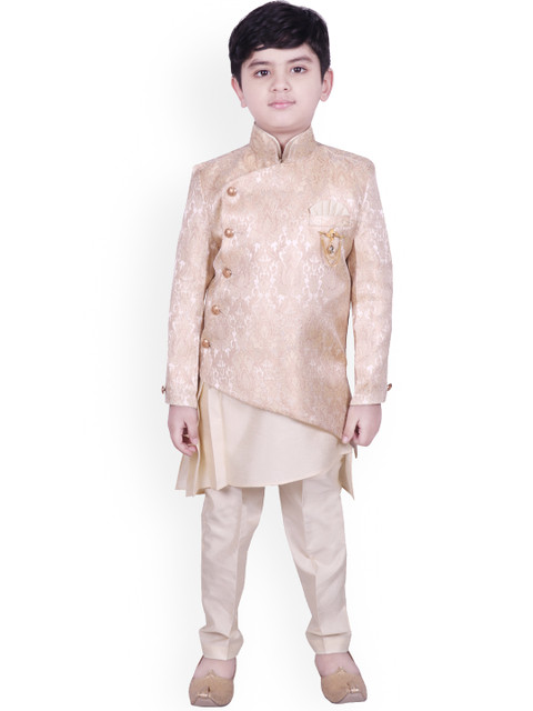 

SG YUVRAJ Boys Cream-Coloured Self Design Kurta with Trousers