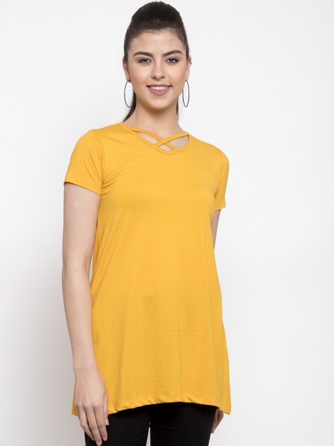 

Kalt Women Yellow Solid Round Neck Longline T-shirt