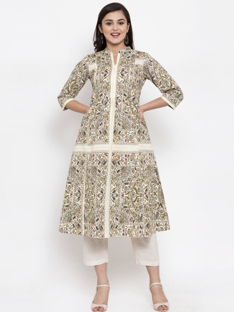 

Ayaany Women Cream-Coloured Printed A-Line Kurta