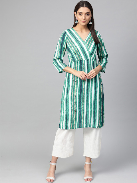 

Jompers Women Green Striped Kurta with Palazzos