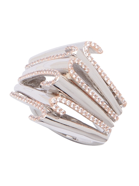 

Shaze Silver-Toned & Rose-Gold Stone-Studded Interlocked Ring