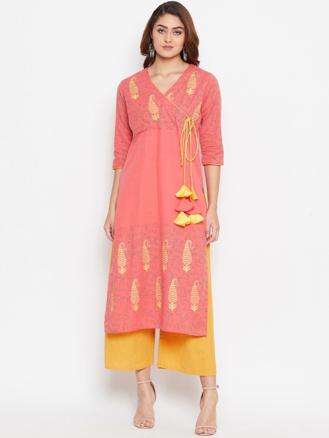 

Bitterlime Women Peach-Coloured & Yellow Block Printed A-Line Kurta