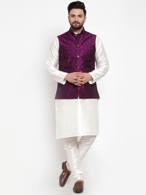 

Jompers Men Off-White & Purple Solid Kurta with Churidar & Nehru Jacket
