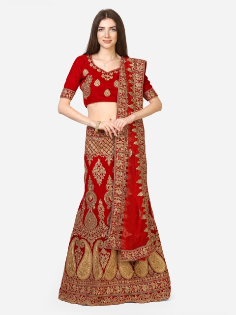 

V SALES Red Semi-Stitched Lehenga & Blouse with Dupatta