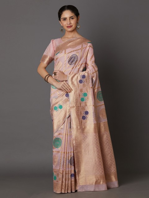 

Mitera Pink & Gold-Coloured Silk Blend Woven Design Kanjeevaram Saree