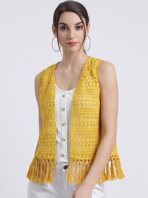 

Zink London Women Yellow Self Design Open Front Shrug