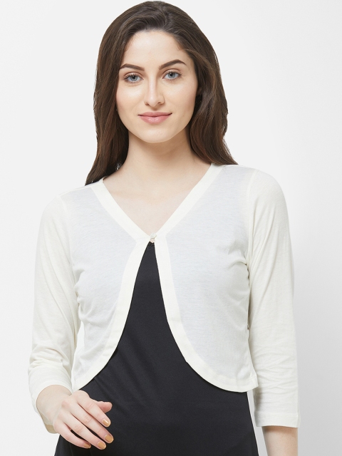 

109F Women Off-White Solid Button Shrug
