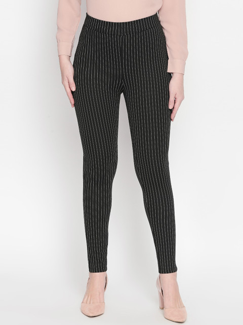 

Annabelle by Pantaloons Women Black Slim Fit Striped Regular Trousers