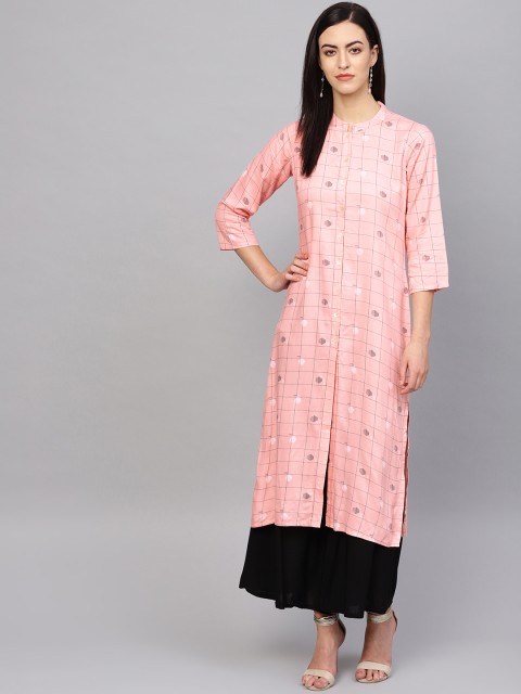 

Jompers Women Pink & Navy Blue Printed Kurta with Palazzos