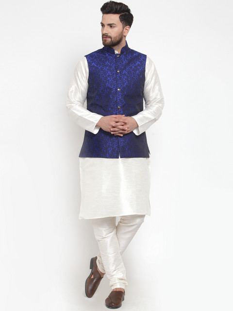 

Jompers Men Off-White & Navy Blue Self Design Kurta with Churidar & Nehru Jacket