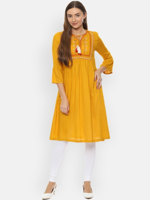 

People Women Yellow Embroidered A-Line Kurta
