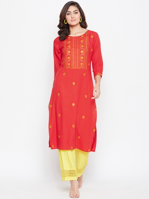 

Prakhya Women Red Embroidered Straight Kurta