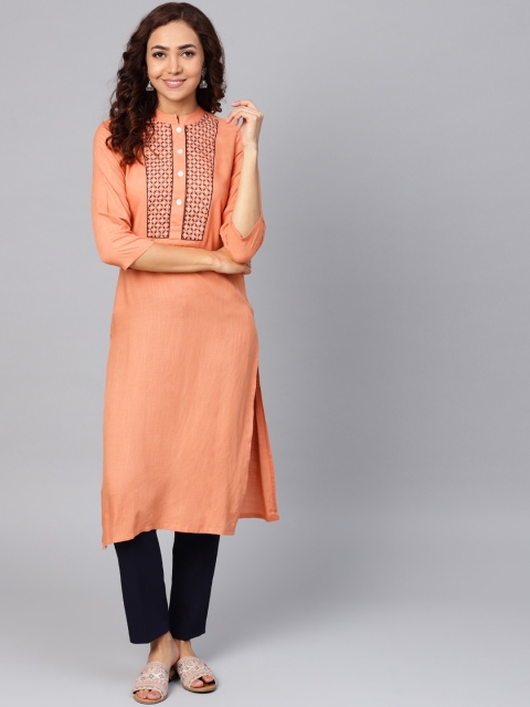 

Jompers Women Peach-Coloured & Black Yoke Design Kurta with Trousers