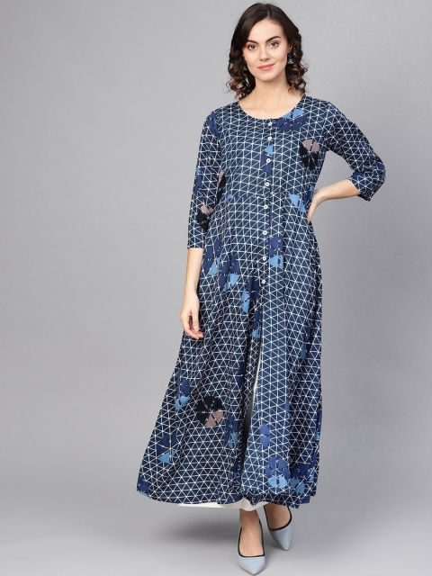 

Jompers Women Navy Blue & Off-White Printed Kurta with Palazzos