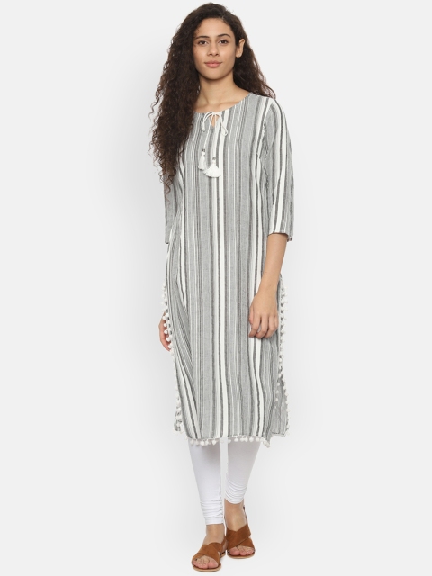 

People Women Grey & Off-White Striped Straight Kurta