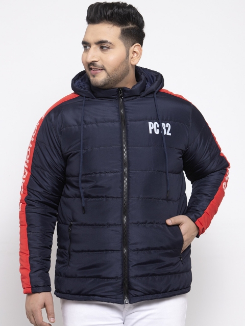 

plusS Men Navy Blue & Red Colourblocked Padded Jacket with a Detachable Hood