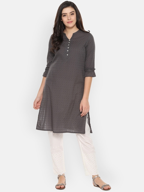 

People Women Grey Woven Design Straight Kurta