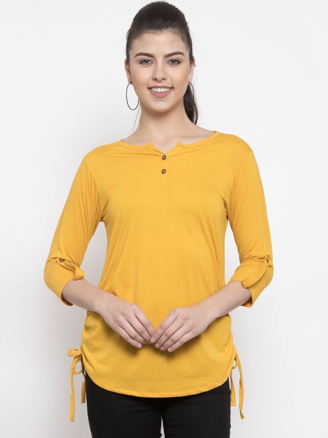 

Kalt Women Mustard Yellow Solid Henley Neck Longline T-shirt
