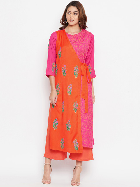 

Bitterlime Women Pink & Orange Block Printed Layered Straight Kurta