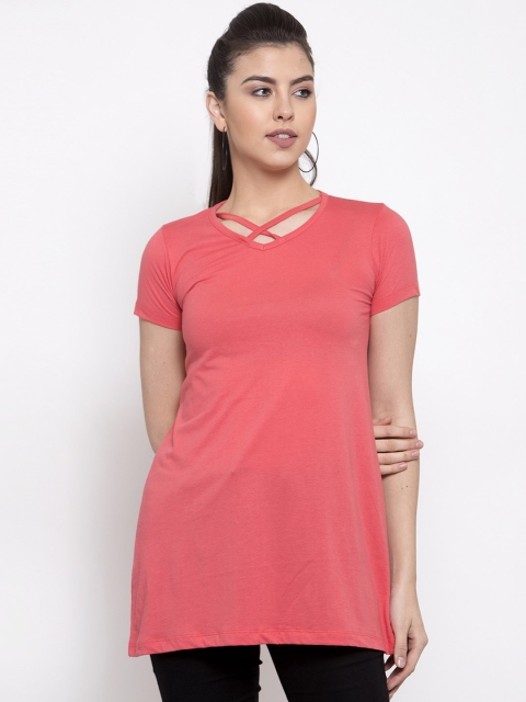 

Kalt Women Peach-Coloured Solid Round Neck Longline T-shirt