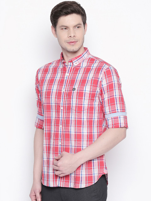 

BYFORD by Pantaloons Men Coral Red & White Slim Fit Checked Casual Shirt