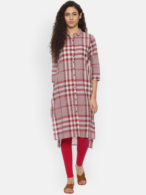 

People Women Red & Grey Checked Straight Kurta