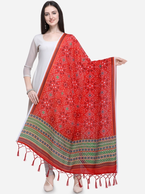 

Satrani Orange & Green Muslin Printed Patola Dupatta