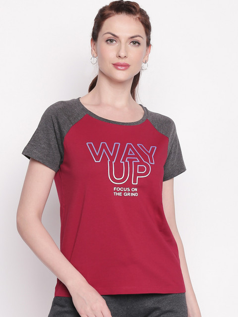 

Ajile by Pantaloons Women Red Grey Printed Round Neck Pure Cotton T-shirt