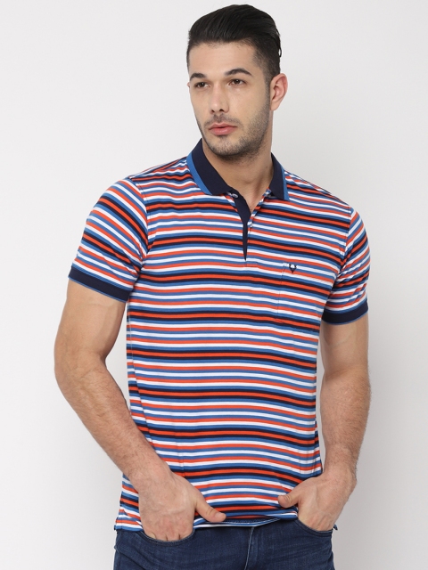 

Allen Solly Men Orange & Navy Blue Striped Polo Collar T-shirt