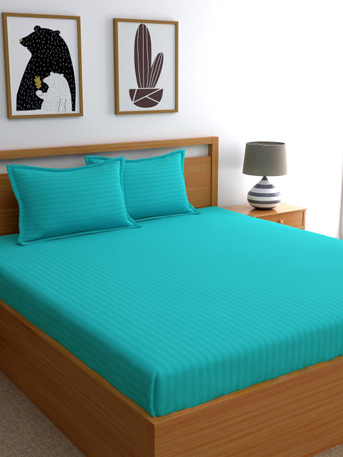 

Dreamscape By Decathlon Turquoise Blue Striped 220 TC Cotton 1 Queen Bedsheet with 2 Pillow Covers