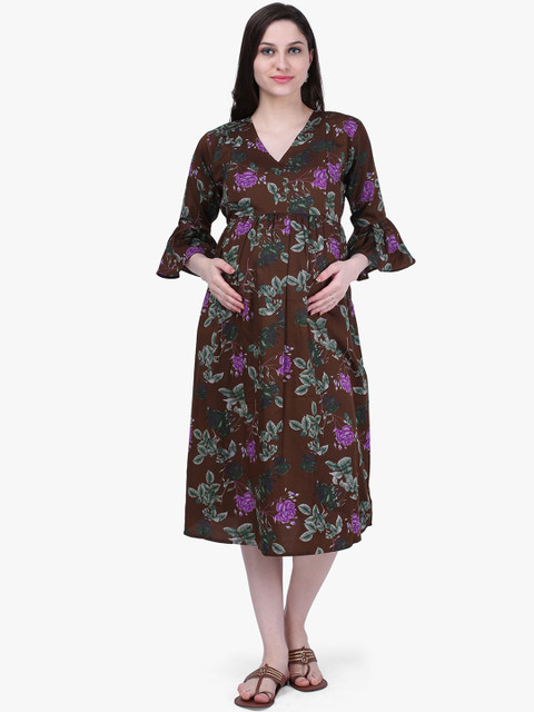 

MomToBe Women Brown & Pink Printed Fit and Flare Maternity Dress