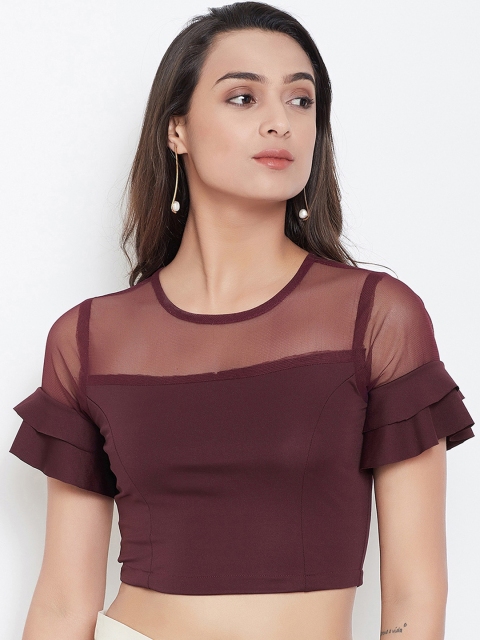 

Meee Women Burgundy Solid Knitted Crop Top