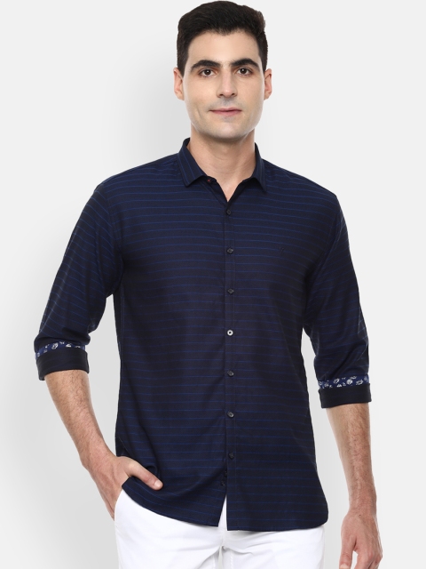 

V Dot Men Navy Blue Slim Fit Striped Casual Shirt