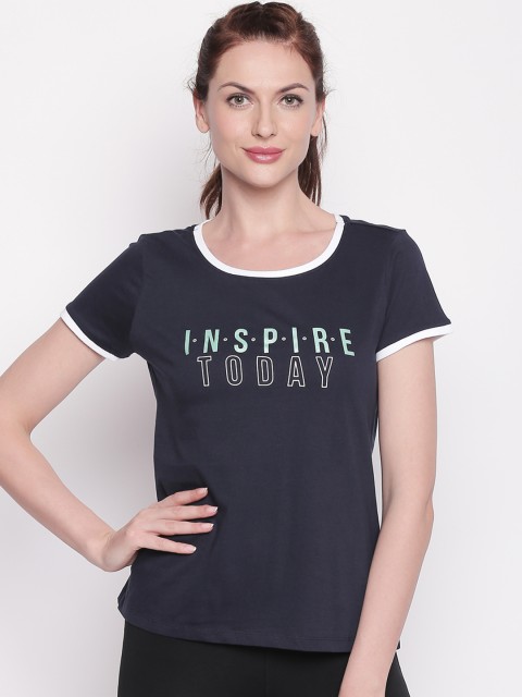 

Ajile by Pantaloons Women Navy Blue White Printed Round Neck Pure Cotton T-shirt