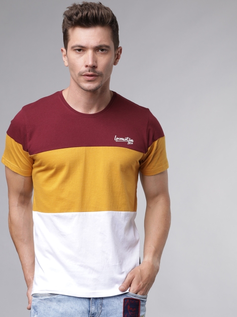 

LOCOMOTIVE Men Maroon & Yellow Colourblocked Round Neck Slim Fit T-shirt