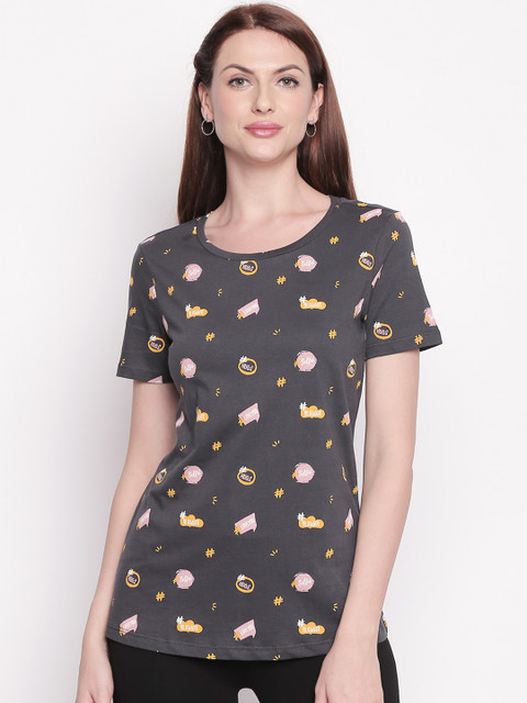 

Honey by Pantaloons Women Charcoal Grey Printed Round Neck T-shirt
