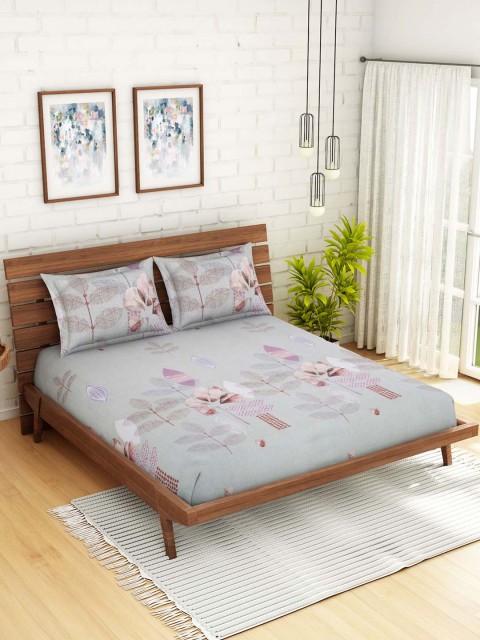 

WELHOME Grey & Lavender Floral 200 TC 1 Microfibre Queen Bedsheet with 2 Pillow Covers