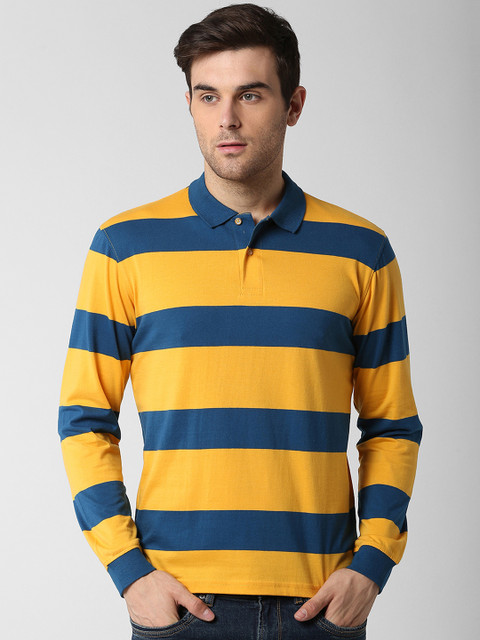 

Peter England Casuals Men Yellow & Blue Striped Polo Collar T-shirt