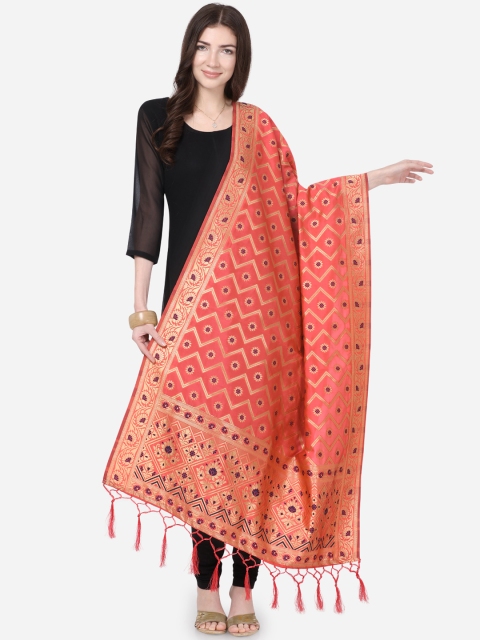

Satrani Peach-Coloured & Gold-Coloured Woven Design Poly Silk Jacquard Banarasi Dupatta