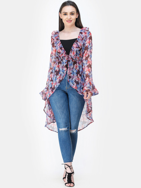 

Cation Women Blue & Red Printed Tie-Up Shrug