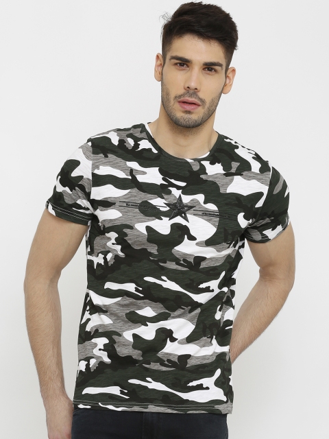 

Rex Straut Jeans Men Olive Green & Grey Slim Fit Camouflage Round Neck T-shirt