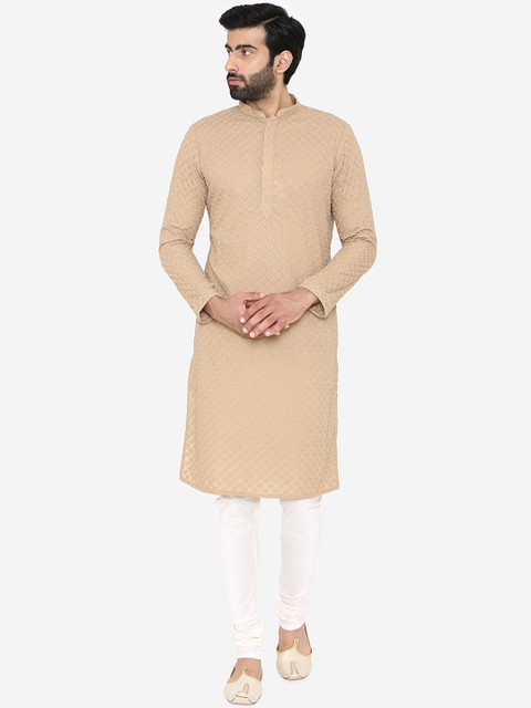 

Manyavar Men Beige & Grey Melange Embroidered Kurta with Churidar