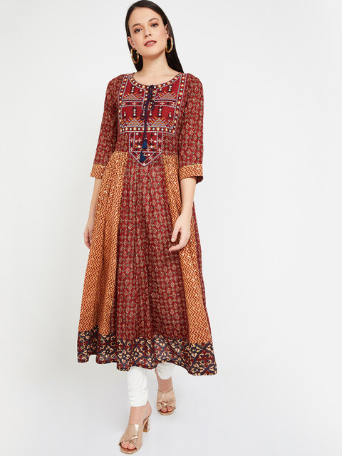 

Melange by Lifestyle Women Maroon & Yellow Printed A-Line Kurta