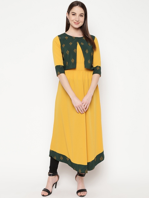 

Napra Women Mustard Yellow & Green Solid Layered A-Line Kurta